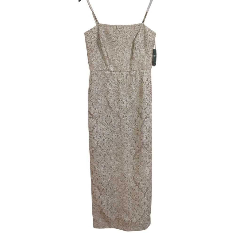 Lauren Ralph Lauren Silver Metallic Lace Evening Gown NWT 6 Beaded Straps
